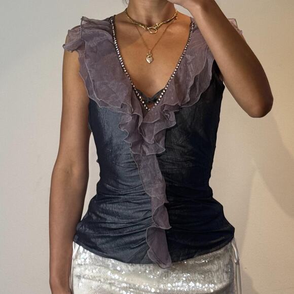 Grey Ruffled Top with Rhinestones - Picture 1 of 5